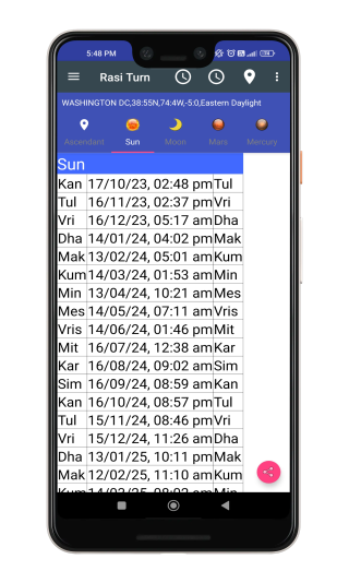 Mobile App Screen Displaying Rashi Turn for Ascendant - Astrology App Feature